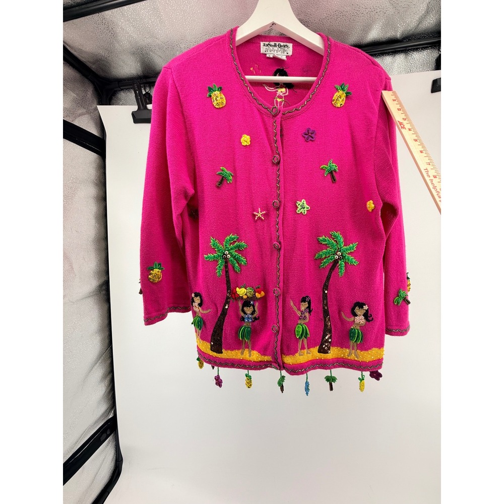 Jack B Quick Vintage Pink Tropical Hula Dancer Embroidered Cardigan Sweater L